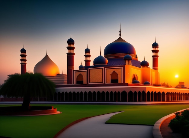 Beautiful Islamic masjid mosque in the evening during sunset Ai Generated Art Work