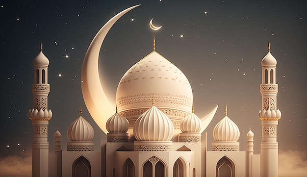 Beautiful islamic mosque 3d render crescent moon background photo illustration