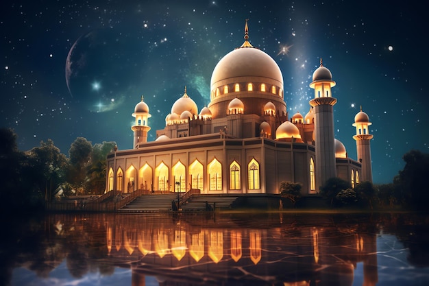 A Beautiful Islamic mosque on a starry night