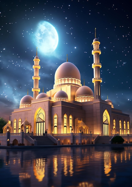 A beautiful Islamic mosque with starry night sky