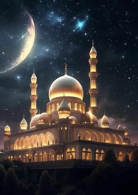 A beautiful Islamic mosque with starry night sky