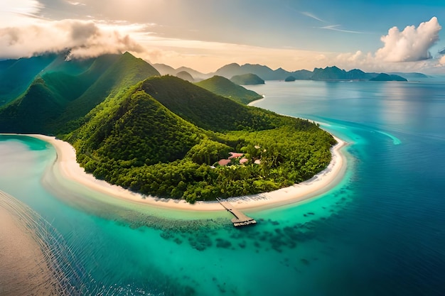 A beautiful island with a beach and mountains in the background