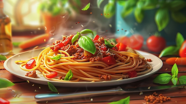 Beautiful italian spaghetti bolognese with minced beef sauce tomatoes carrots fresh basil