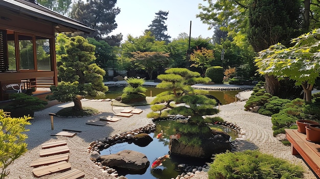 A beautiful Japanese garden with a pond trees and a stone lantern