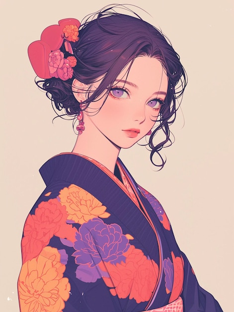 Beautiful japanese girl in yukata with a floral pattern Fashion illustration