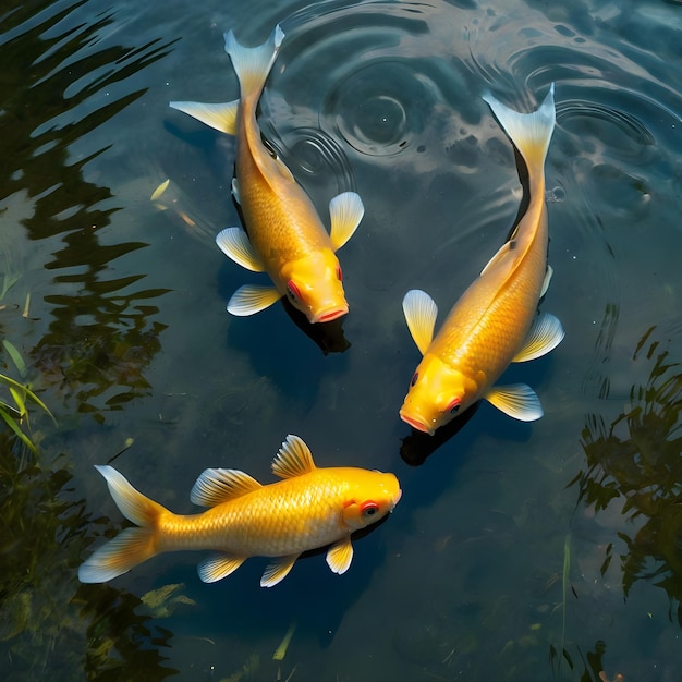 Beautiful Japanese koi fishy swimming in a clear green pond