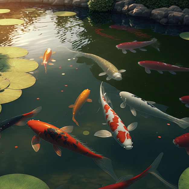 Beautiful Japanese koi fishy swimming in a clear green pond