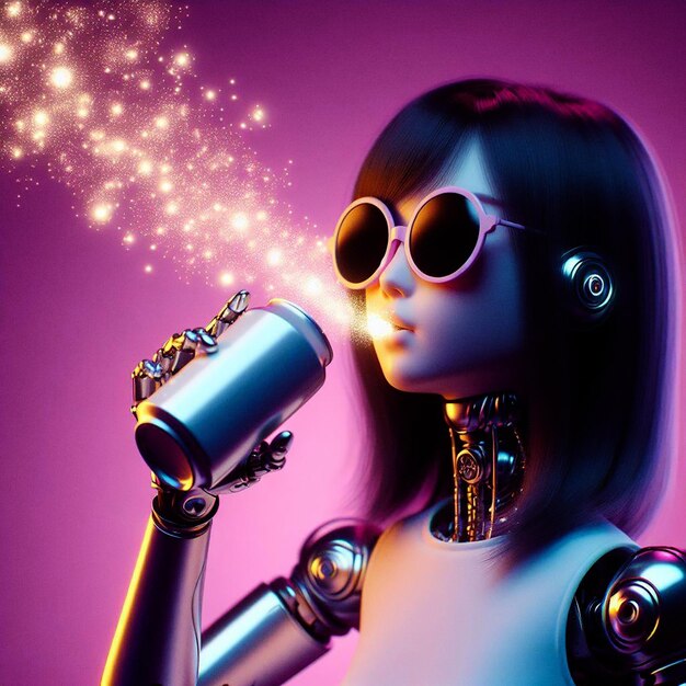 Beautiful Japanese robot girl drinking light orange background