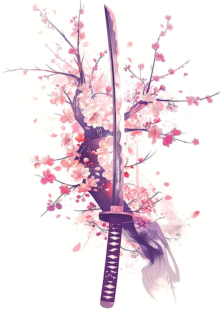 Photo a beautiful japanese sword with cherry blossoms