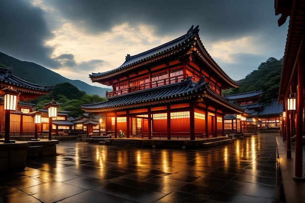 a beautiful japanese village city town in the morning buddhist temple shinto shrine AI Generated