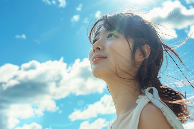 A beautiful Japanese woman with her hair blowing in the wind AI Generative