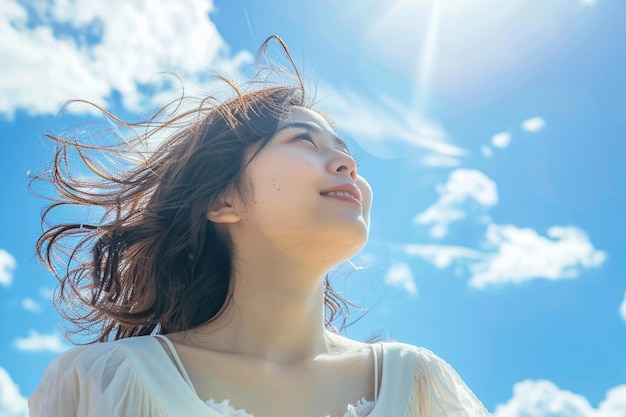 A beautiful Japanese woman with her hair blowing in the wind AI Generative