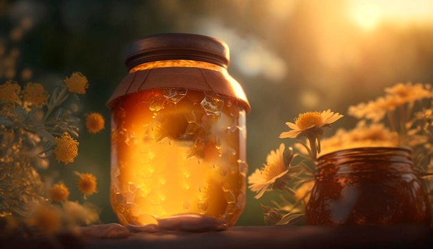 Beautiful jar of honey and flowers on the table Cute bees are flying Generative Ai