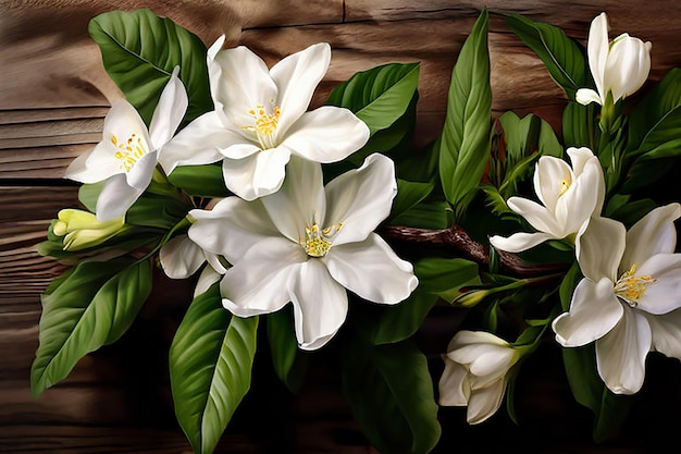 beautiful jasmine flowers on wooden background