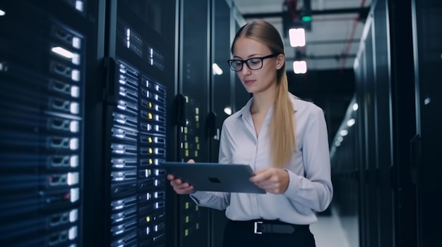 Beautiful and joyful young lady IT professional with tablet in modular data center Generative AI