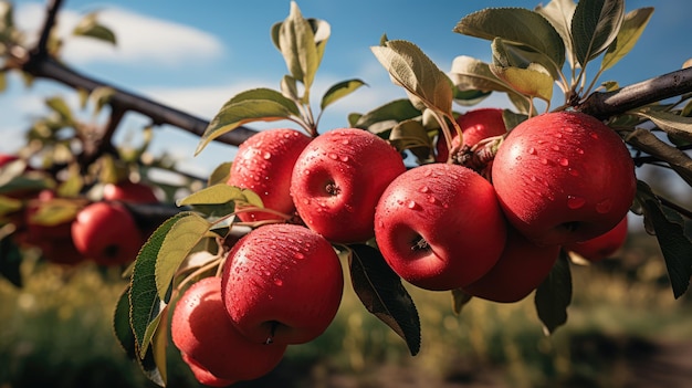 Beautiful juicy red ripe apples hang on a branch against the background of a green field Good harvest