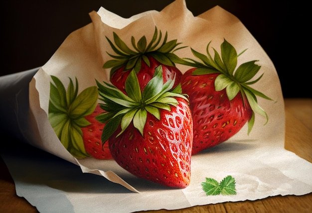 Beautiful juicy strawberry lies on the table AI Generated