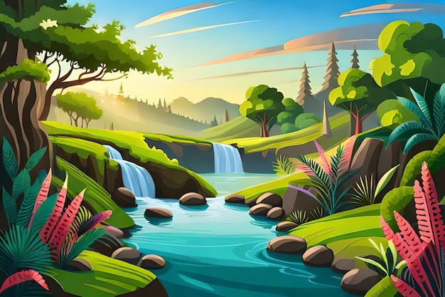 Beautiful jungle landscape with waterfall