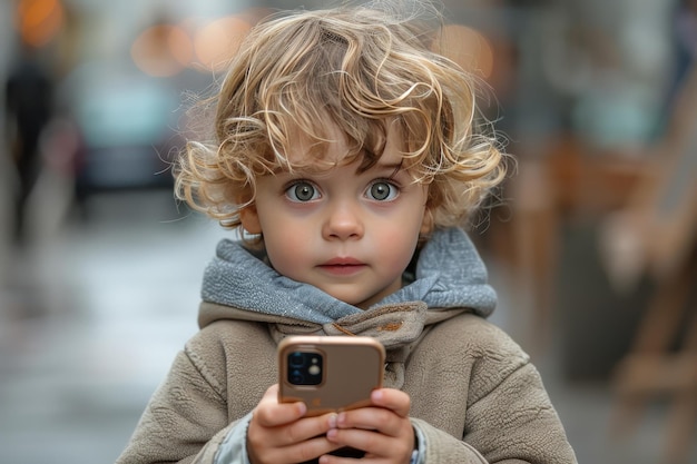 Photo beautiful kid holding a smartphone in his hands