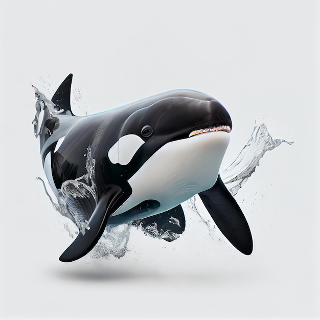 Beautiful killer whale jumping out of water isolated on white background Generative AI