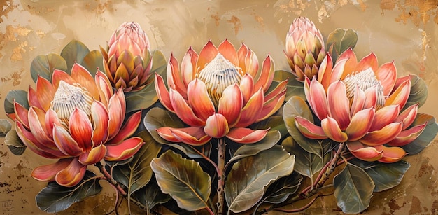 beautiful king protea flower in full bloom detailed and realistic three panel triptych for home decoration