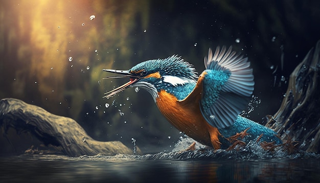 Beautiful kingfisher catching fish image Ai generated art