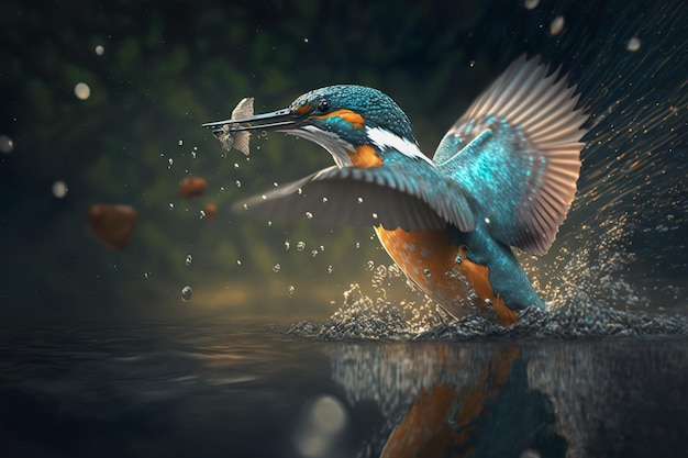 The Beautiful kingfisher diving for catching fish Amazing moment Flying bird Generate Ai