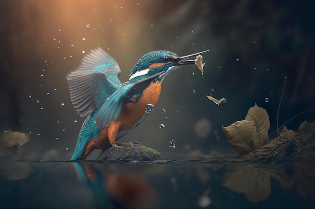 The Beautiful kingfisher diving for catching fish Amazing moment Flying bird Generate Ai