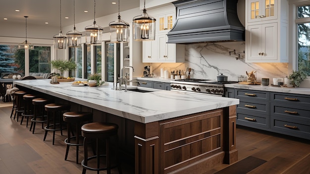 Beautiful Kitchen Interior In New Luxury Home With White Cabinets And Woodwork Pendant Lights