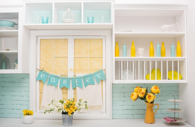 Beautiful kitchen interior with flowers