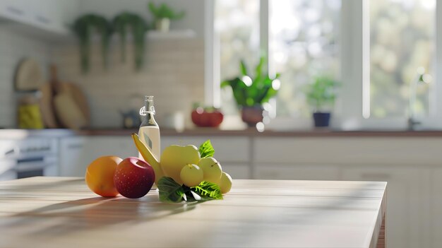 Beautiful kitchen island with plant and fresh fruit on it in a spacious room Generative AI