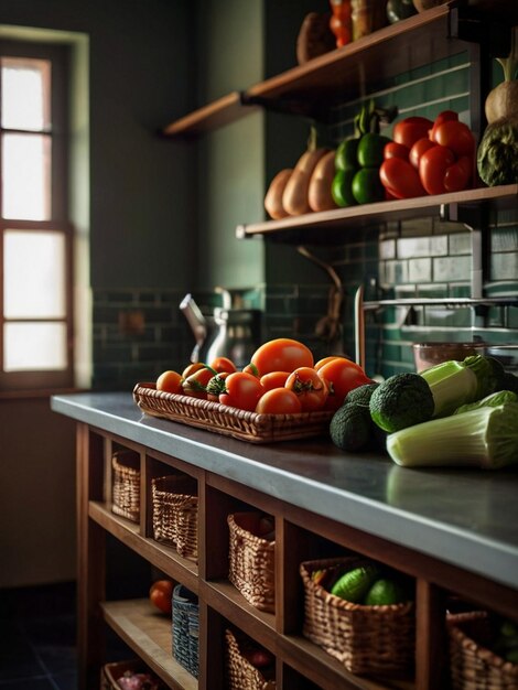 A beautiful kitchen a variety of vegetables A shelf full of vegetables in the background Made by