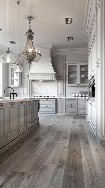 Photo beautiful kitchen white and grey color gray hardwood flooring high quality grainy 16mm film quality