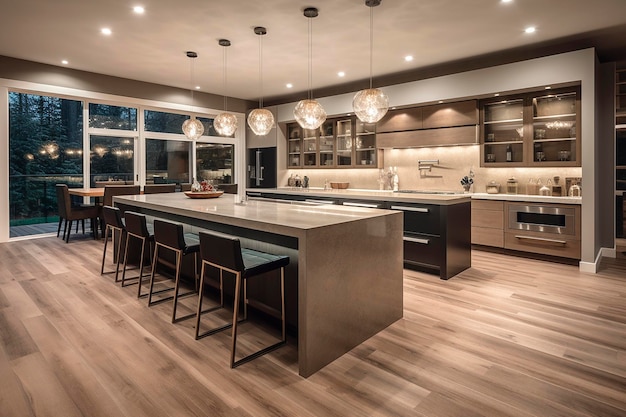 Beautiful kitchen with island and seats in a luxury modern contemporary residence