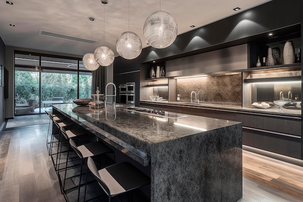 Beautiful kitchen with island and seats in a luxury modern contemporary residence