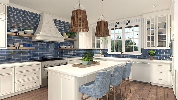 Photo a beautiful kitchen with a large island white cabinets and blue subway tile