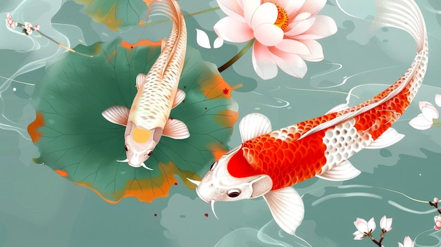 Photo beautiful koi on pool with lotus vector art