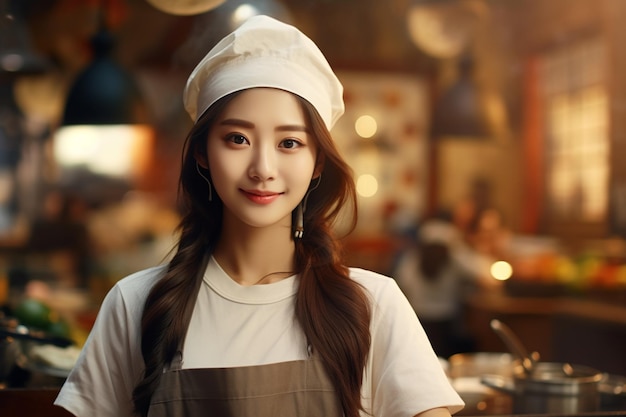 a beautiful korean chef girl is ready to cook food in the restaurant kitchen