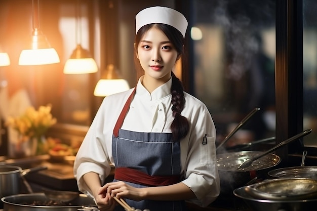 a beautiful korean chef girl is ready to cook food in the restaurant kitchen