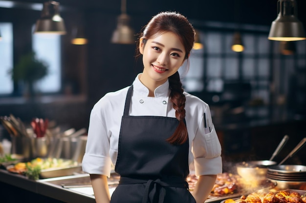 a beautiful korean chef girl is ready to cook food in the restaurant kitchen