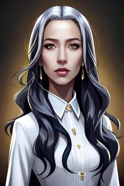 Beautiful Korean cyborg woman on white suit