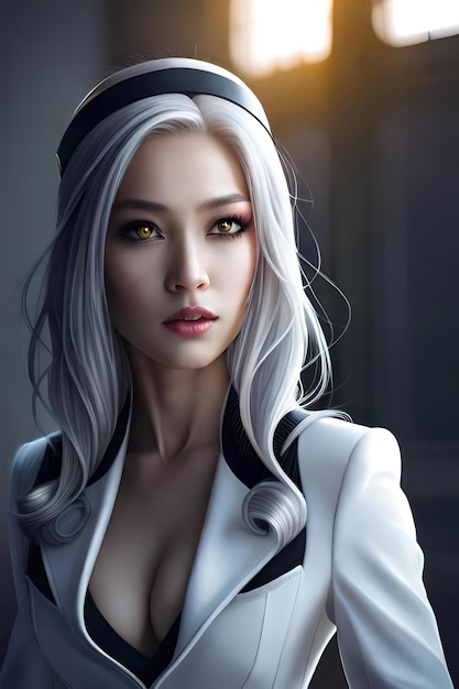 Beautiful Korean cyborg woman on white suit