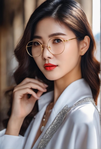 Beautiful korean model with eyeglass and trendy outfit