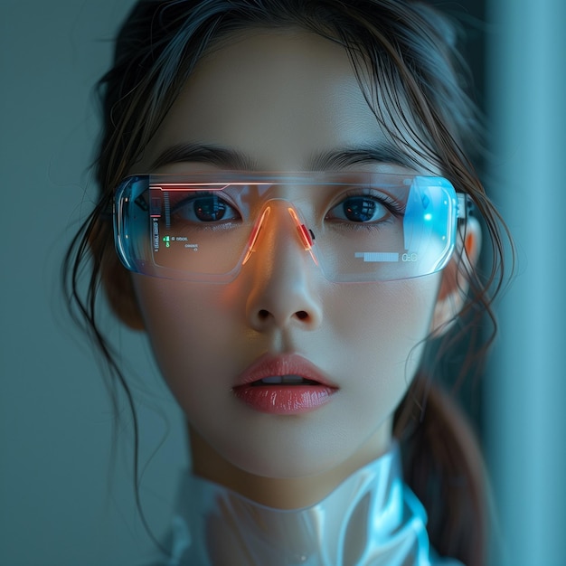 Beautiful Korean woman with smart glasses displaying digital information