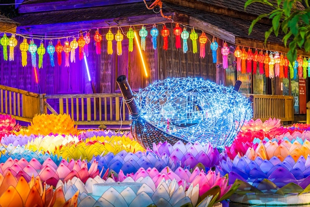 Beautiful kratongs Made of foam is floating on the water for Loy Krathong Festival or Thai New Year and river goddess worship ceremony is Public placesfull moon the 12th month Be famous of Thailand