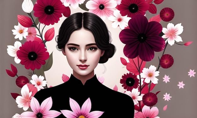 Beautiful lady surrounded with flowers Generated AI