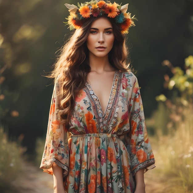 a beautiful lady wearing a floral dress walking in the woods