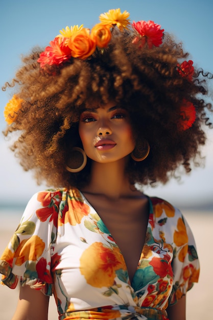 Beautiful Lady with afro style hair on the beachside