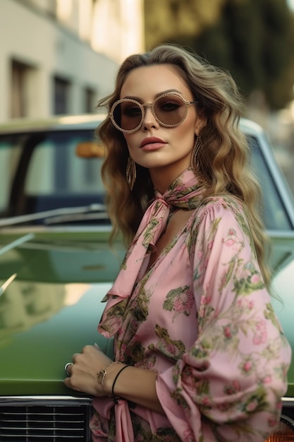 Beautiful lady with sunglasses wearing a pink and green floral silk blouse with a silk scarf standing near a vintage car in the street 70s in Hollywood Generative AI