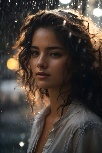 A beautiful lady with wet clothes walking in the rain